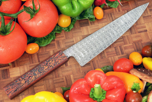 Chef Knife with a Ladder Pattern Damasteel Blade and Mars Valley Sculpted Handle
