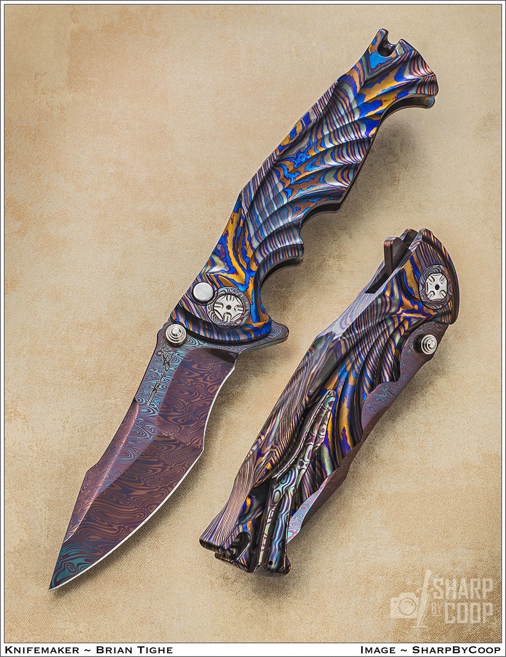 Tighe Breaker Timascus Integral With Colored Damasteel Blade.