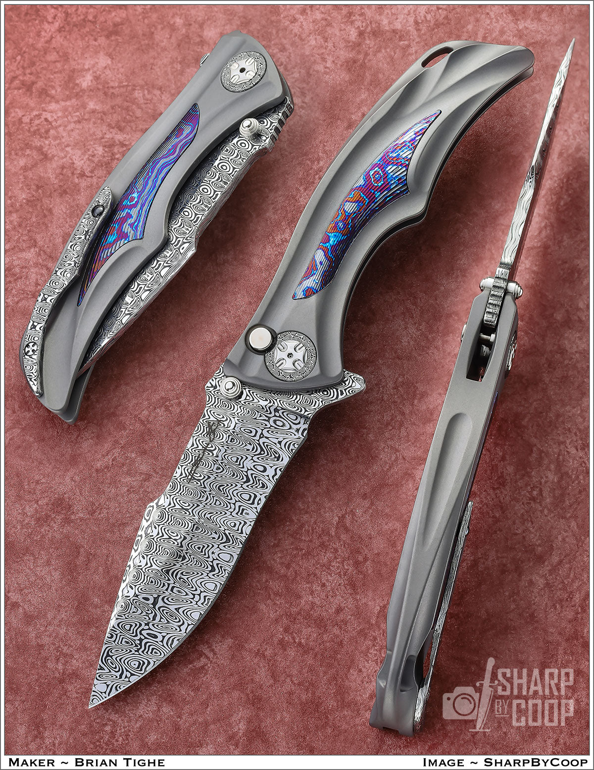 Tighe Down Titanium Integral With Damasteel Blade and Timascus Inlays.
