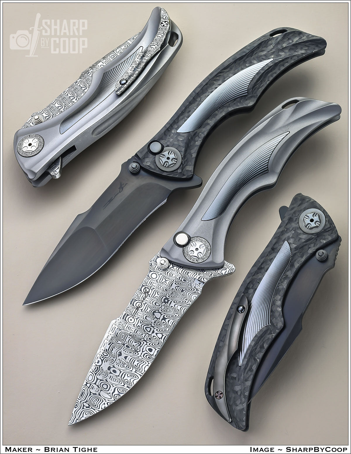 Tighe Down Titanium Integral With Damasteel and Carbon Fiber and Acid Washed RWL 34 Blade’s and Zirconium Inlays.
