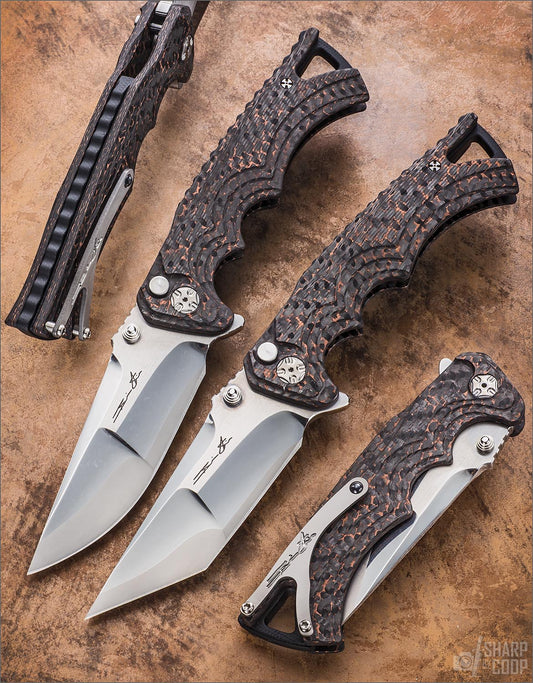 Tighe Fighter with San Mai Blades 154CM and S90V Core & Copper Infused Carbon Fiber Scales.