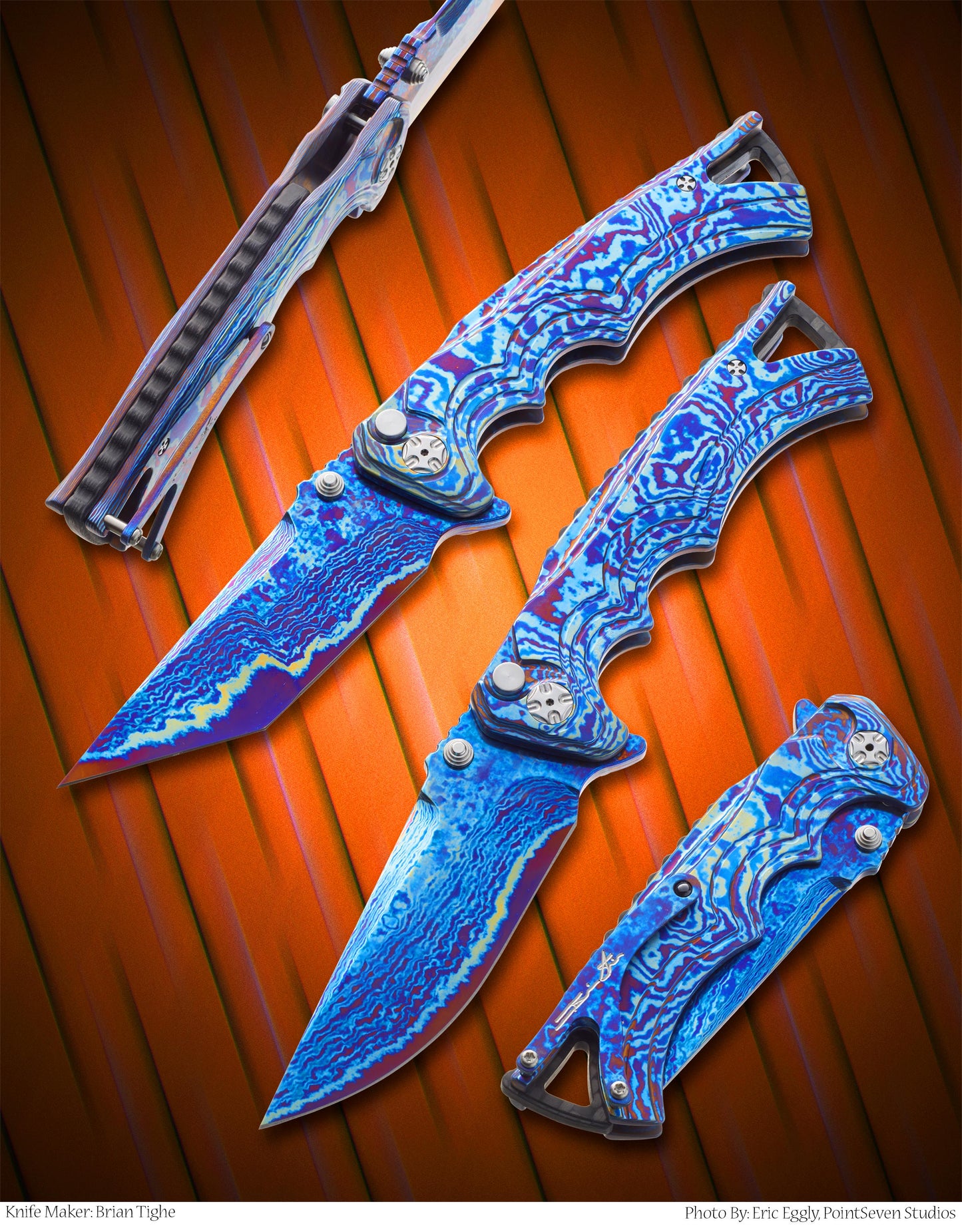 Tighe Fighter With Timascus Scales and Colored San Mai Timascus and Beta C Titanium Core Blade and Timascus Clip.