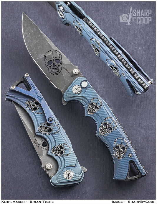Tighe Fighter with Titanium Scales and Acid Washed RWL 34 Blade and Clip With Pierced and Engraved Skulls