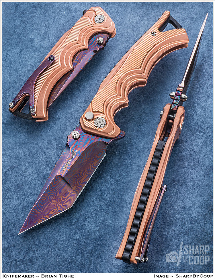 Tighe Fighter With Copper Scales and Colored Damasteel Blade and Clip.
